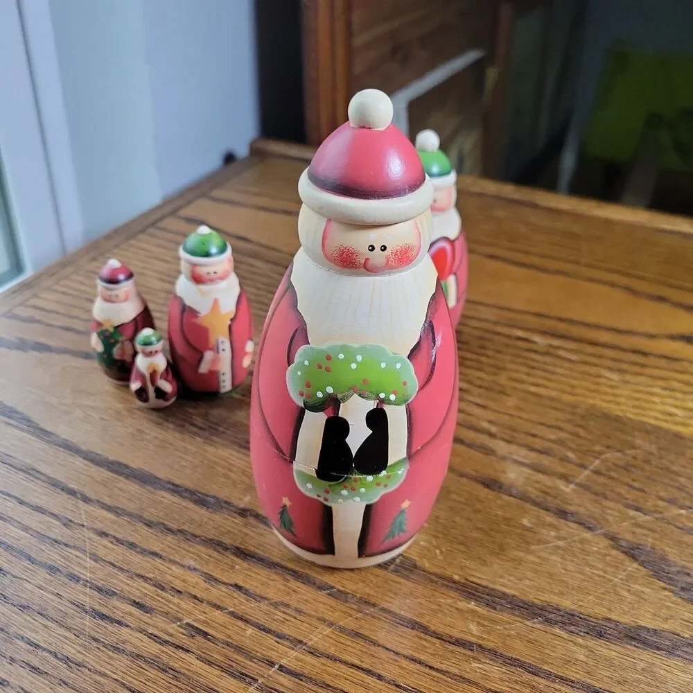 Vintage Hand Painted Santa Claus Matryoshka Nesting Dolls Set Of 5 Christmas